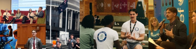 Banner collage of founder Sean Prenter public speaking — pictured with a microphone, on panels, and facilitating alongside colleagues.